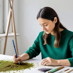 **

A fashion designer in a bright studio, sketching designs incorporating unique textures of bio-fabricated material. The studio includes samples of fabrics made from coffee grounds and algae. She is fully clothed in appropriate attire, wearing a stylish but modest outfit. Safe for work, appropriate content, professional environment, perfect anatomy, natural proportions, well-formed hands. Family-friendly.

**