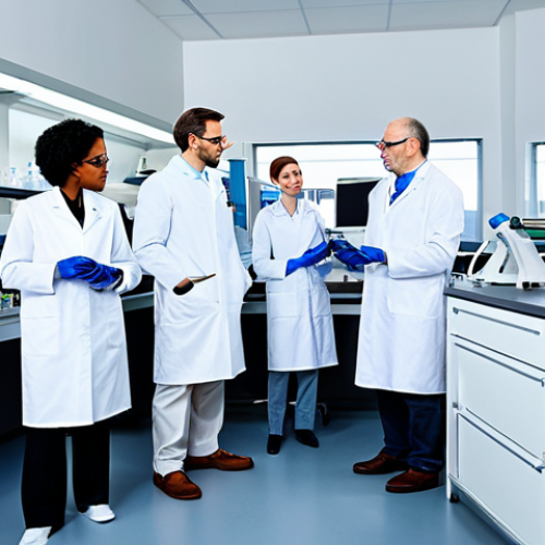 Home 6 **
"A diverse team of scientists in a modern laboratory, collaborating on biofabric research, showing advanced equipment and sustainable materials, fully clothed in lab coats, appropriate attire, safe for work, perfect anatomy, correct proportions, professional setting, high quality, family-friendly."
**